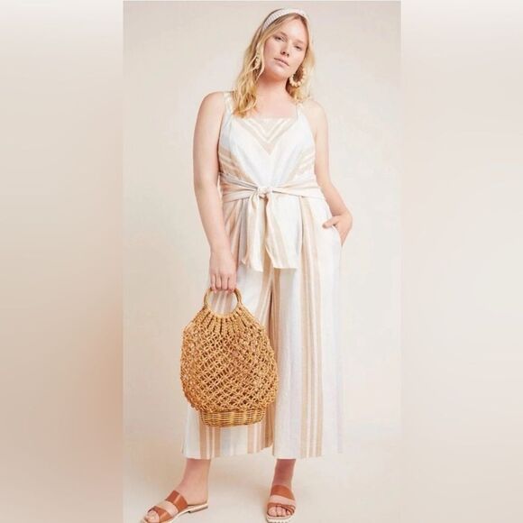 Anthropologie savannah striped jumpsuit beige linen blend - Picture 2 of 7
